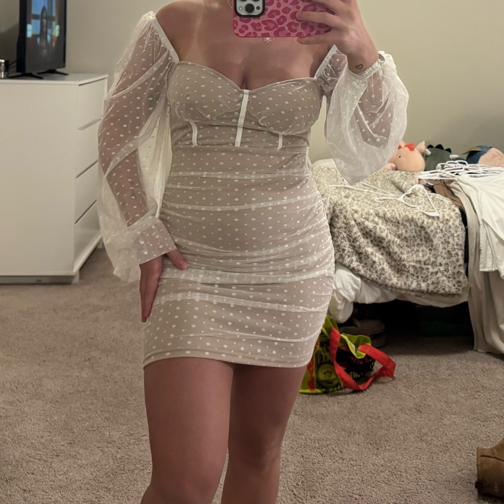 Amazon Cream Bodycon Bell Sleeve Dress